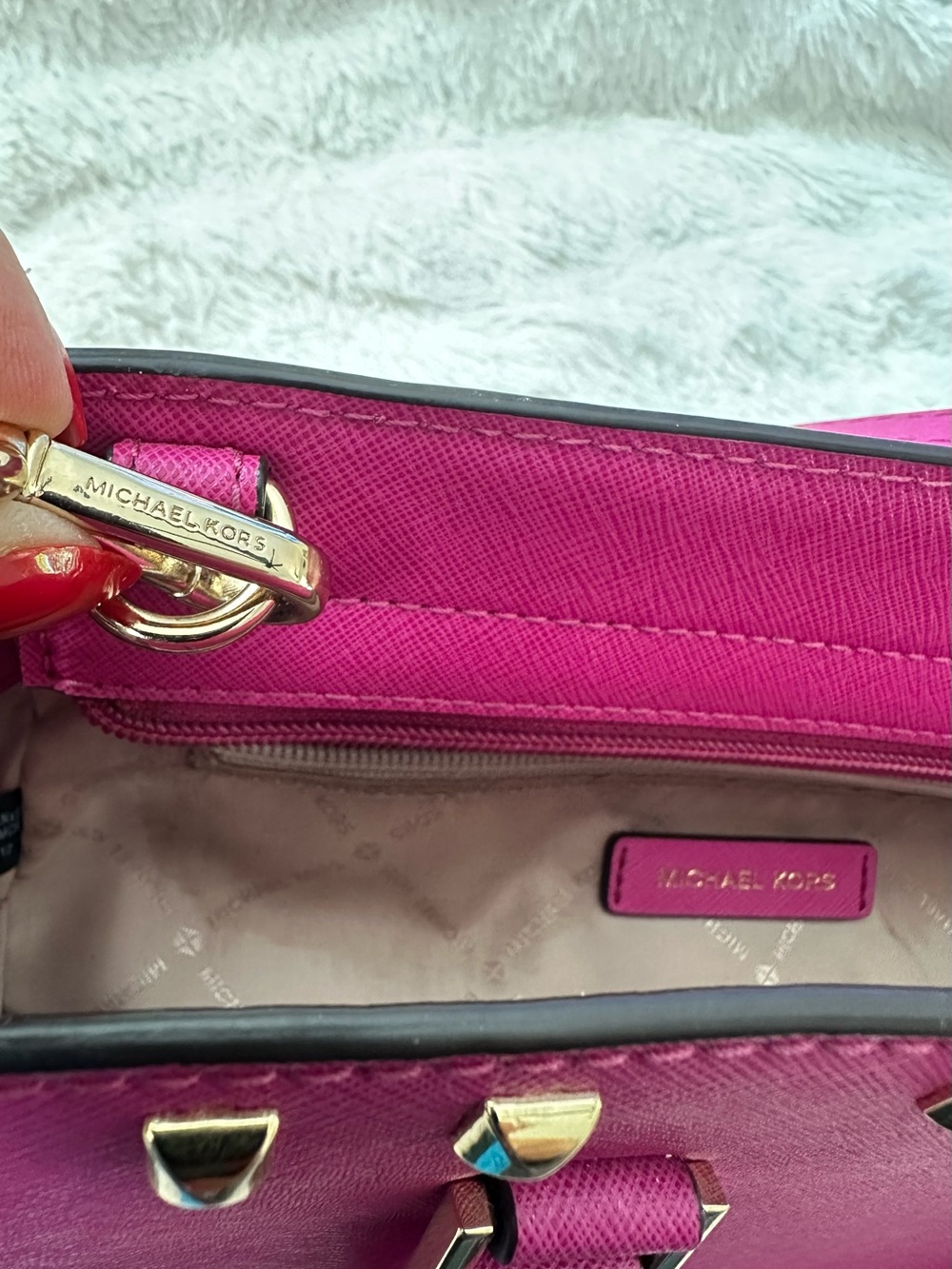 Michael Kors Magenta Studded Saffiano Leather Satchel - Picture 5 of 8